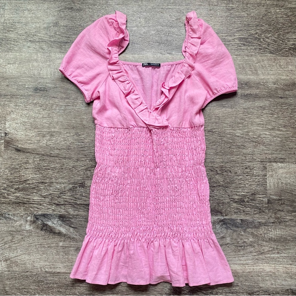 Women’s Zara Pink Linen Blend V Neck Ruffled Mini Dress L
